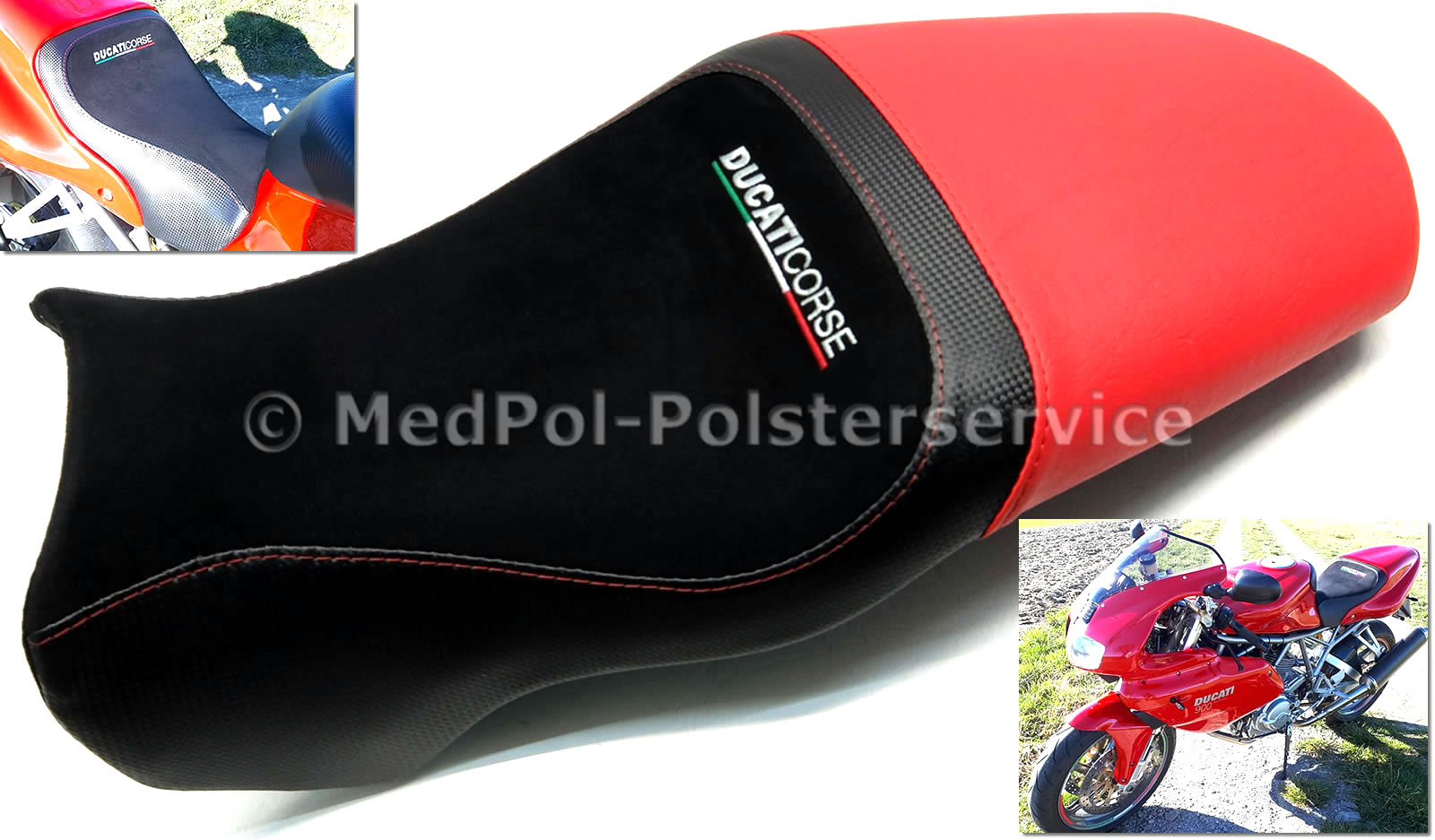 900 Supersport Sitzbank kompletter Neubezug in Alcantara-S, Carbon und Power-Rot, Ziernaht Rot, Stickerei mehrfarbig