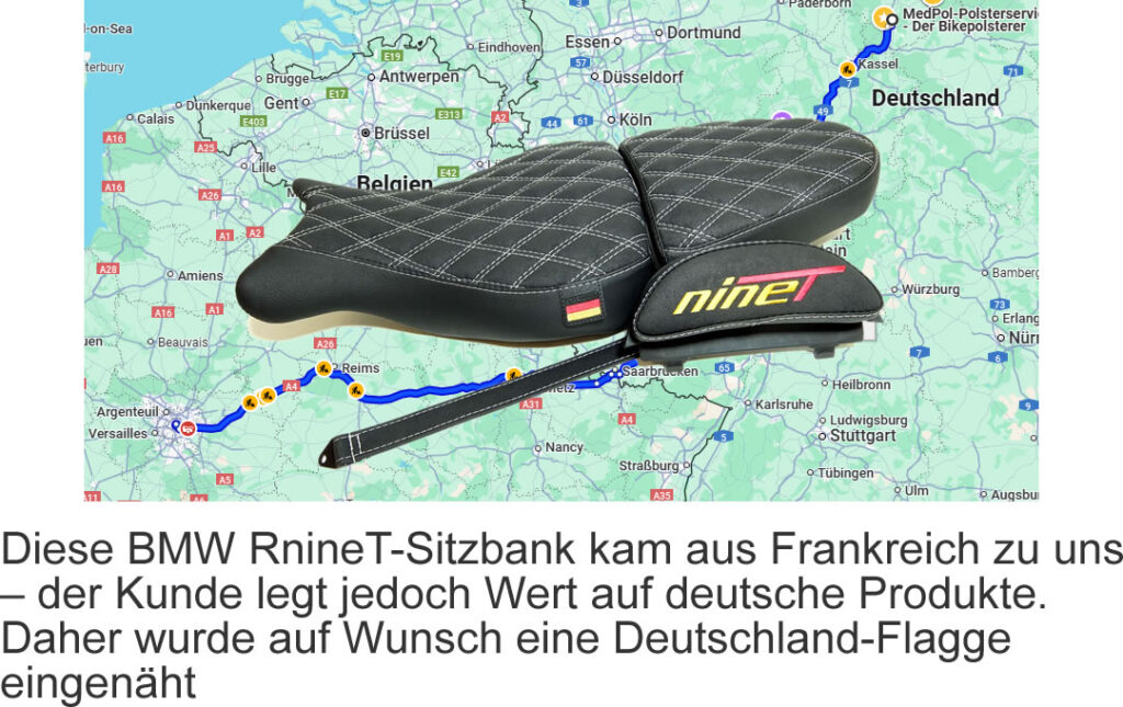Diese BMW RnineT-Sitzbänke kamen aus Frankreich zu uns – der Kunde legt jedoch Wert auf deutsche Produkte. Daher wurde auf Wunsch eine Deutschland-Flagge eingenäht